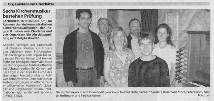 Sechs Kirchenmusiker bestehen Prfung. Im Rahmen der kirchenmusikalischen Teilbereichsqualifikation der Regoin II haben 2 Chorleiter und vier Organisten die Abschlussprfung bestanden.